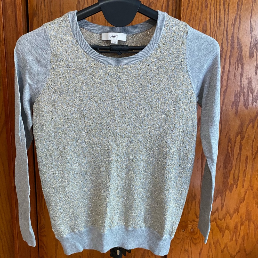 LOFT Gray and Gold Crew Neck Sweater